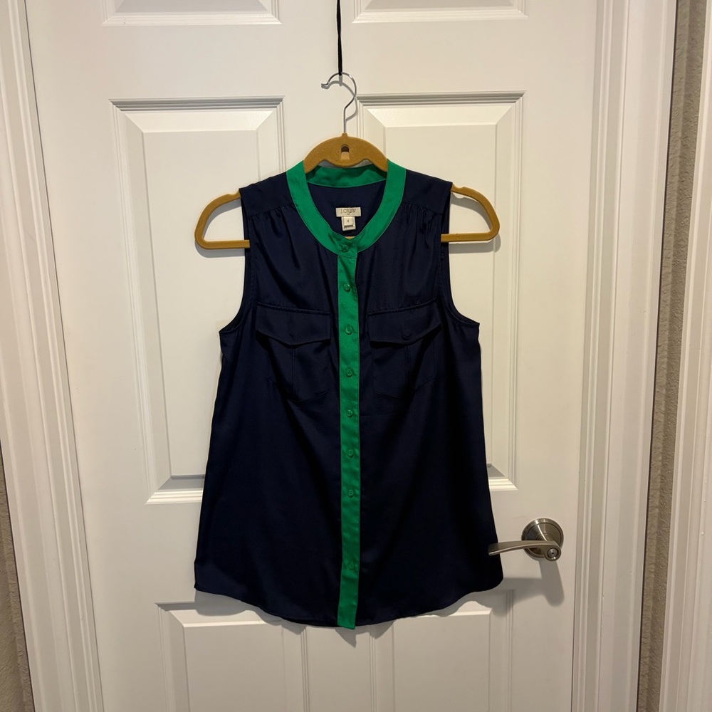 J. Crew Factory Navy Sleeveless Button-Up Top with Green Trim